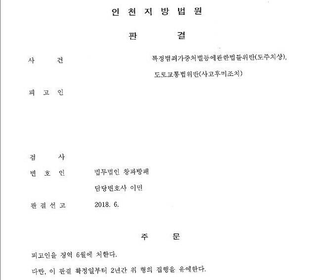  특가법위반(도주치상)과 도로교통법위반(사고후미조치) 집행유예 사례