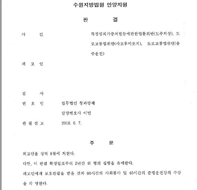 음주뺑소니 집행유예 선고 사례 by 창과방패 이민변호사
