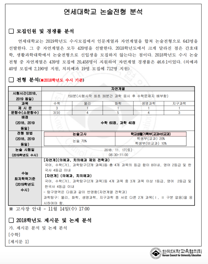 2019 연세대학교 자연논술 분석자료 논술 모집요강 시험 일정 안내 네이버 블로그