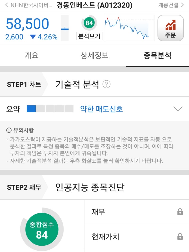 카카오 스탁 인공지능 점수- 경동인베스트 1편 : 네이버 블로그