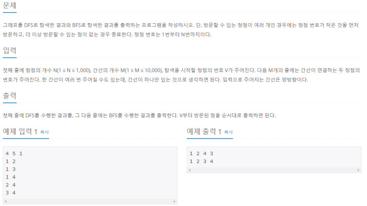  DFS와 BFS(백준 1260번, DFS, BFS)