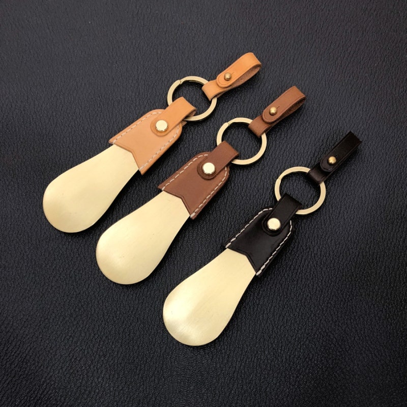HORN LEATHER BRASS SHOEHORN SMART KEY FOB KEY RING 핸드메이드 가죽 황동구두주걱 이니셜 ...