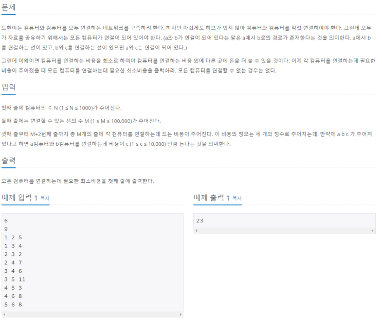  네트워크 연결(백준 1922번, 최소 신장 트리, MST, 크루스칼, Kruskal)