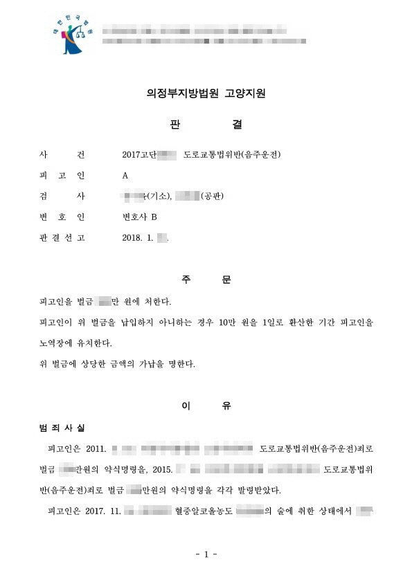 음주운전 3진 아웃 형량 벌금형 처분 사례