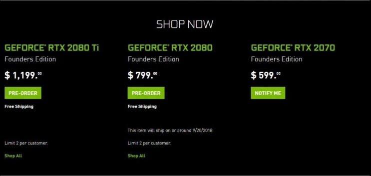 NVIDIA GEFORCE RTX 20 SERIES 공홈 가격 공개 ( RTX 2080TI , RTX 2080 , RTX 2070 )