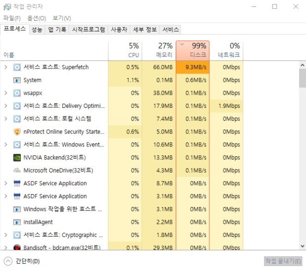 윈도우10 RS4 메모리 99%, 디스크점유율 100%해결하기