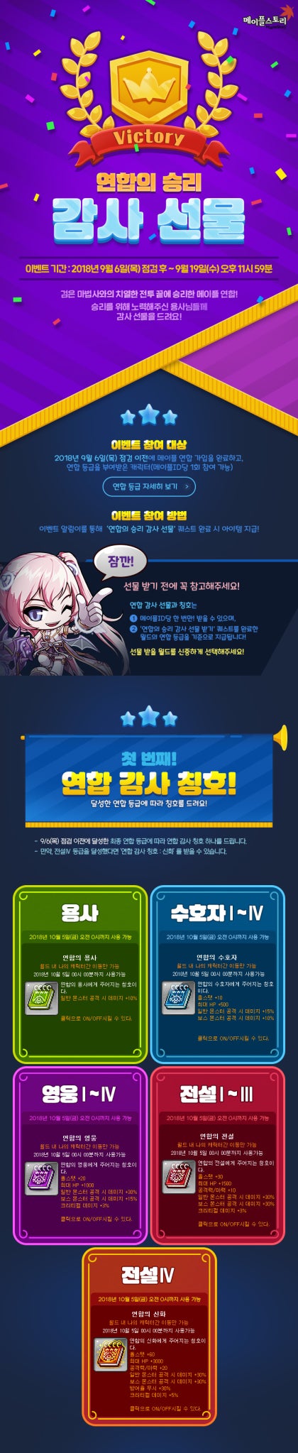 20180830 연합의 승리 감사 선물 / 검은마법사 퇴치, 연합의 신화, 쁘띠 시그너스 펫, 여신의 축복, 연합 성장의 비약, 연합  최후의 성장의 비약, 레전더리 앱솔랩스 장비 풀 패키지, 마스터 라벨 4기 헤어쿠폰,스타플래닛 데미지