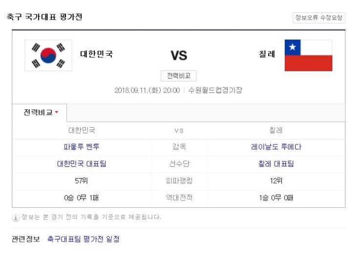  한국 칠레 평가전(시간/일정)