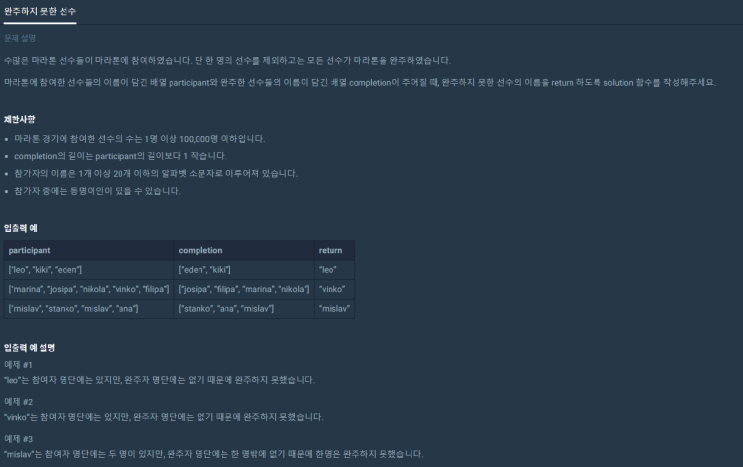  완주하지 못한 선수(프로그래머스 level1, 정렬, 파이썬)