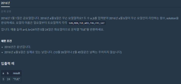  2016년(프로그래머스 level1, 날짜 계산, 파이썬)