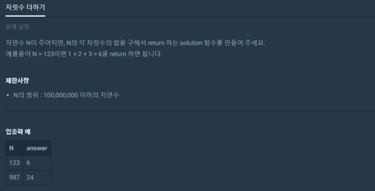  자릿수 더하기(프로그래머스 level1, 파이썬)