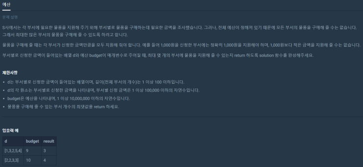  예산(프로그래머스 level1, 2018 서머코딩, 파이썬)