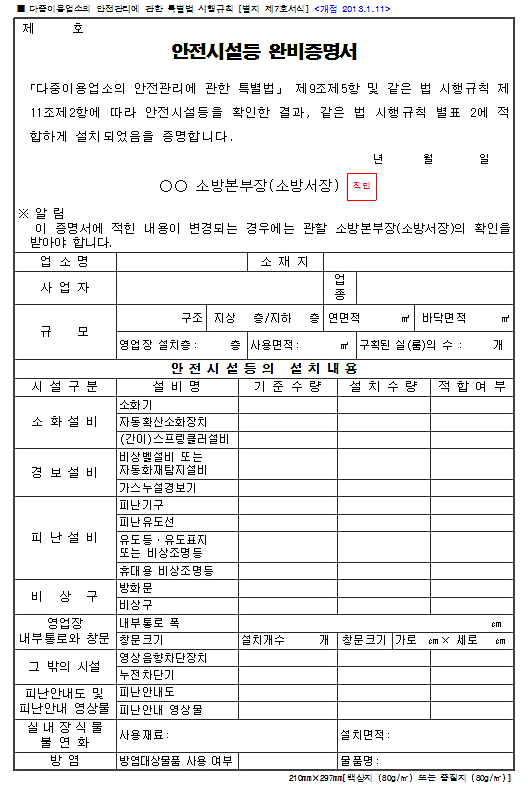  안전시설등 완비증명서(소방필증)-다중이용업소 종류, 완비증명서,소방필증 발급 절차