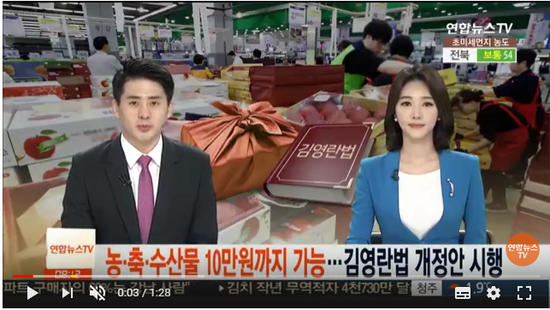 농ㆍ축ㆍ수산물 10만원까지 가능…김영란법 개정안 오늘부터 시행 / 연합뉴스TV (YonhapnewsTV) 농ㆍ축ㆍ수산물 10만원까지 가능…김영란법 개정안 오늘부터 시행 / 연합뉴스TV (YonhapnewsTV)