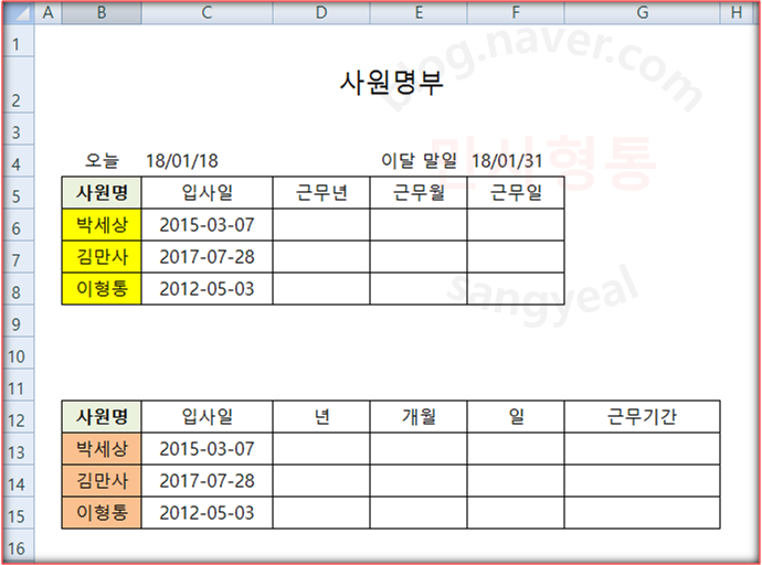 실무엑셀] 퇴직금/근속연수/근무일수/재직기간 계산하는 Datedif/Eomonth 함수와 오늘, 말일 날짜 함수 사용 방법 : 네이버  블로그