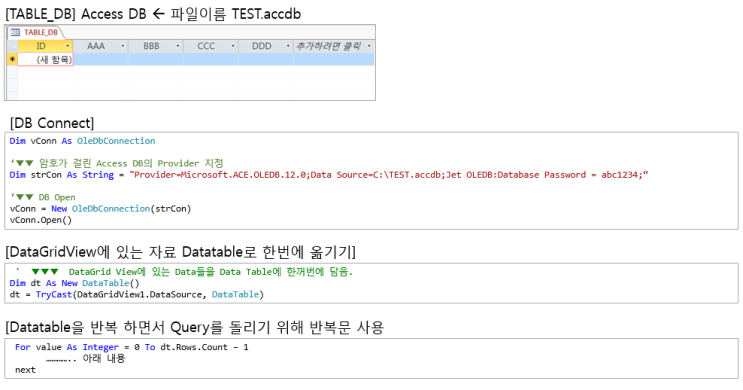  VB.NET DatagridView 값 Access에  INSERT, UPDATE 하기