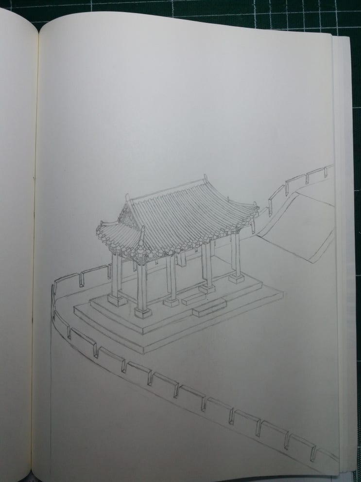  종이에 한옥 스케치