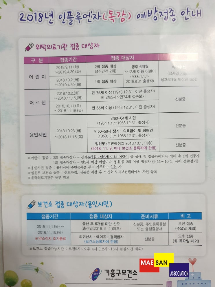 기흥구 구갈동 2018년 인플루엔자(독감) 예방접종 안내해 드려요