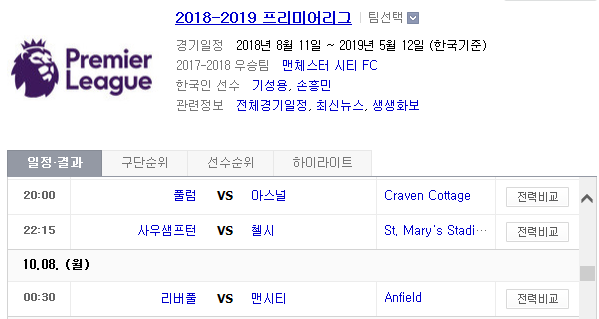 2018.10.07 EPL(프리미어리그) (풀럼 vs 아스널 사우샘프턴 vs 첼시 리버풀 vs 맨시티)