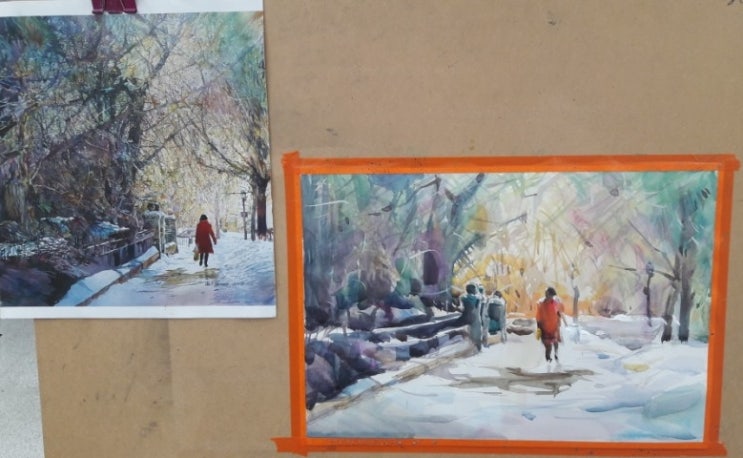 풍경수채화(2018. 2학기), 스미드 도시풍경소묘 및 빨간코트여자가 걷는그림 수채