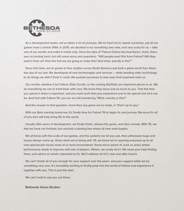  [코너의 게임블로그]베데스다, 폴아웃76 출시를 앞두고 팬들에게 협력 요청 메시지를 보내다.