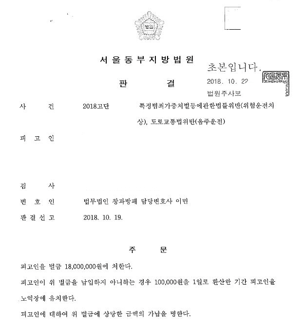  누범가중된 위험운전치상 전치12주 및 음주운전두번째 벌금형 선고 by sos음주운전센터
