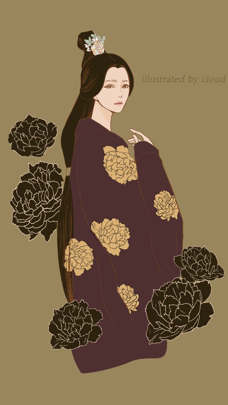 동양적인 분위기 패션 일러스트 (모란무늬가 있는 한복을 입은 여인 그림)