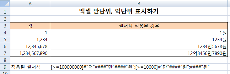  엑셀 만단위 , 억단위 표시하는 방법