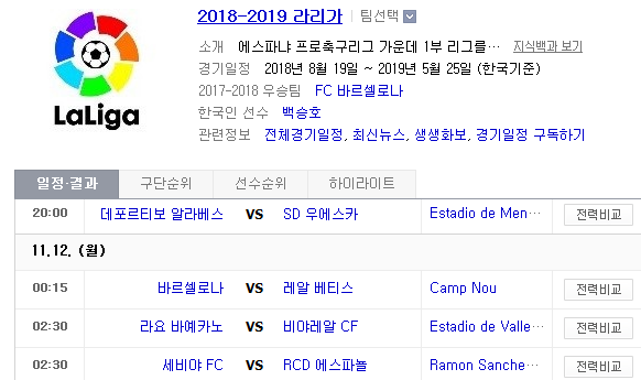 2018.11.11 라리가(프리메라리가) (알라베스 vs 우에스카 바르셀로나 vs 베티스 라요 vs 비야레알 세비야 vs 에스파뇰 셀타비고 vs 레알마드리드)