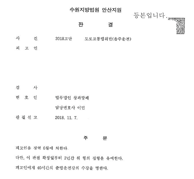 음주삼진 징역형의 집행유예 받은 최근 사례입니다
