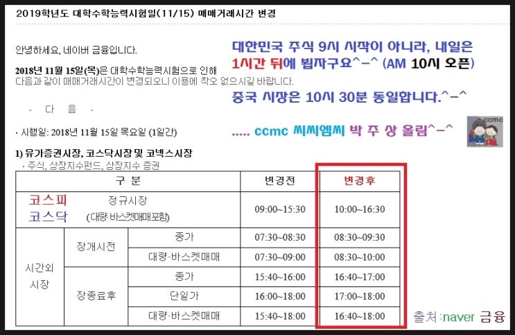  내일은 수능날. 그동안 고생한 수험생들에게 응원하면서, 주식시장을 1시간 뒤 오픈 시장을 연장합니다. 10시에 증권시장 OPEN.