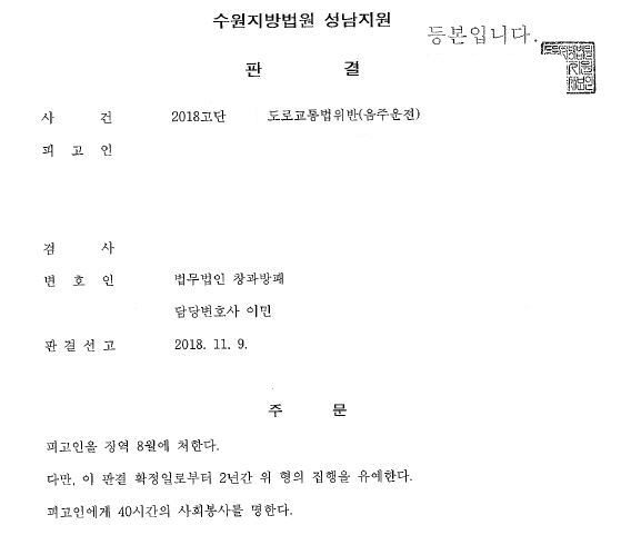  음주사진아웃 집행유예 사례 SOS음주운전센터가 소개합니다