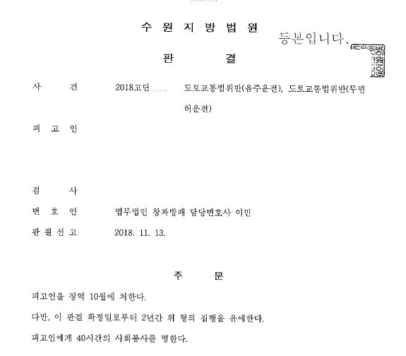  5회 음주운전 및 무면허운전, 집행유예 선고 by sos음주운전센터
