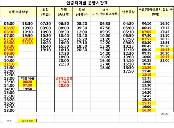  안중시외버스터미널시간표 최근 업데이트 내용(평택시청출처)