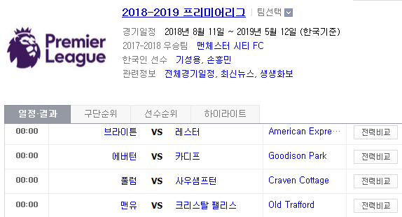2018.11.24 EPL(프리미어리그) (브라이튼 vs 레스터 에버턴 vs 카디프 풀럼 vs 사우샘프턴 맨유 vs 크리스탈팰리스) 2018.11.24 EPL(프리미어리그) (브라이튼 vs 레스터 에버턴 vs 카디프 풀럼 vs 사우샘프턴 맨유 vs 크리스탈팰리스)