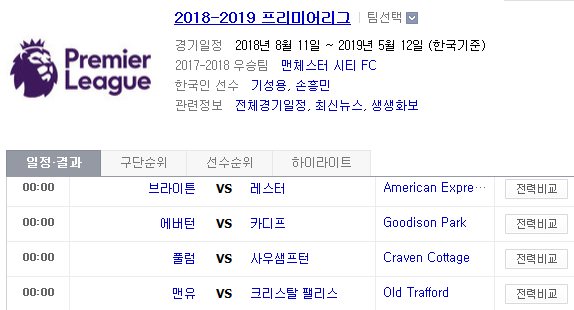 2018.11.24 EPL(프리미어리그) (브라이튼 vs 레스터 에버턴 vs 카디프 풀럼 vs 사우샘프턴 맨유 vs 크리스탈팰리스)