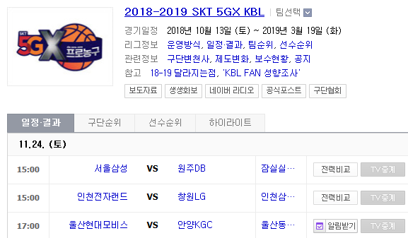 2018.11.24 KBL(남농)/WKBL(여농) (서울삼성 vs 원주DB 인천전자랜드 vs 창원LG 울산현대모비스 vs 안양KGC 삼성생명 vs 신한은행)