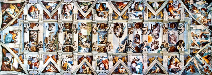 시스티나 예배당의 천장화에는 미켈란젤로가 있다.
