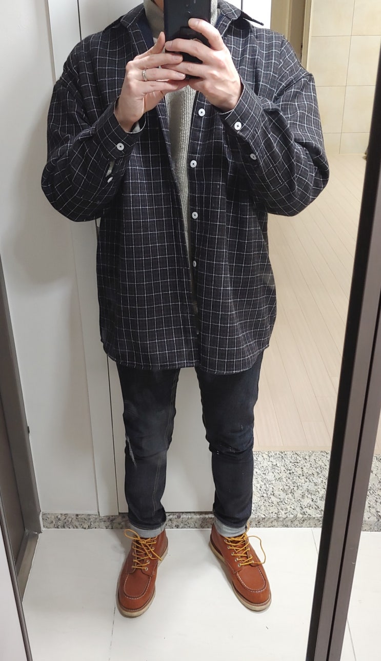 남자 오버핏 셔츠 자켓 - 바스틱(Vastic) 웜업 플리스 윈도우패인 체크셔츠 블랙 구매 후기