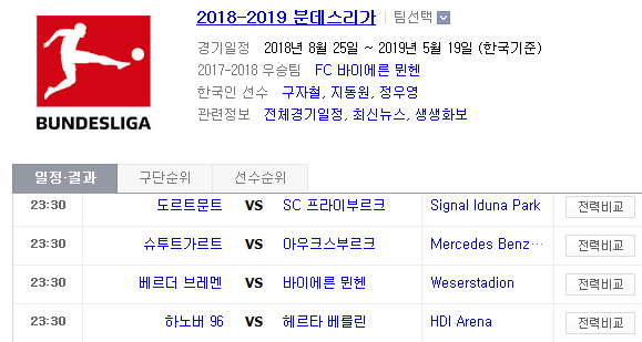 2018.12.01 분데스리가 (도르트문트 vs 프라이부르크 슈투트가르트 vs 아우크스부르크 브레멘 vs 바이에른뮌헨 하노버 vs H베를린 호펜하임 vs 살케)