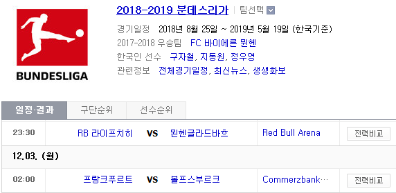 2018.12.02 분데스리가 (라이프치히 vs 묀헨글라 E프랑크 vs 볼프스부르크)