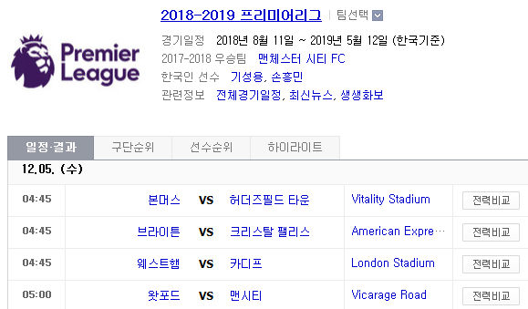 2018.12.04 EPL(프리미어리그) (본머스 vs 허더즈필드 브라이튼 vs 크리스탈팰리스 웨스트햄 vs 카디프 왓포드 vs 맨시티)