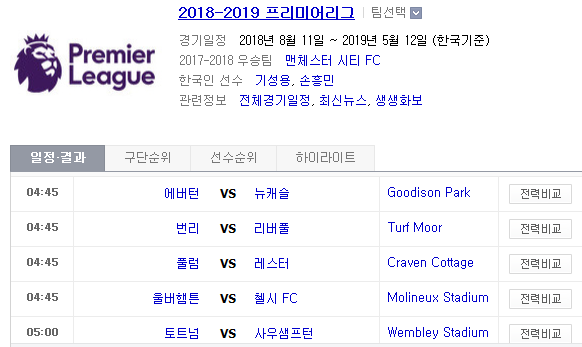 2018.12.05 EPL(프리미어리그) (번리 vs 리버풀 에버턴 vs 뉴캐슬 풀럼 vs 레스터 울버햄턴 vs 첼시 맨유 vs 아스널 토트넘 vs 사우샘프턴)