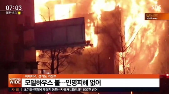 의정부 모델하우스 화재, 인명 피해 없지만 주민 대피! 주변 250여 가구 정전, 차량 11대 전소..