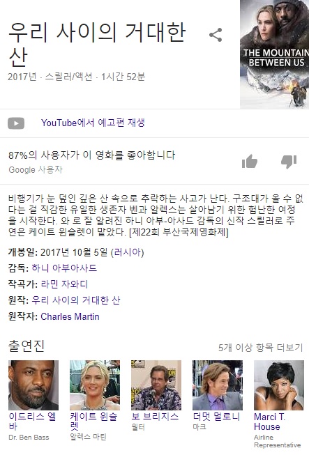  영화, '우리사이의 거대한 산(The mountain between us)'