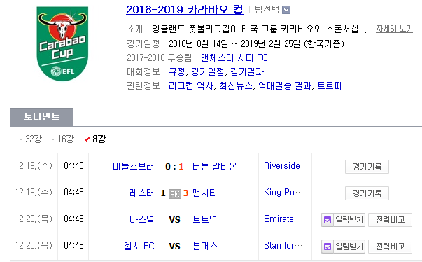 2018.12.19 잉리그컵(카라바오컵) 8강전 (아스널 vs 토트넘 첼시 vs 본머스)