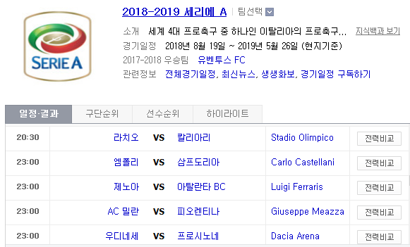 2018.12.22 세리에A (라치오 vs 칼리아리 엠폴리 vs 삼프도리아 제노아 vs 아탈란타 AC밀란 vs 피오렌티나 우디네세 vs 프로시노네)