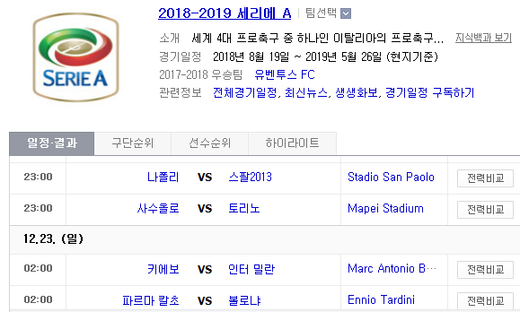 2018.12.22 세리에A (나폴리 vs 스팔2013 사수올로 vs 토리노 키에보 vs 인터밀란 파르마 칼초 vs 볼로냐 유벤투스 vs AS로마)