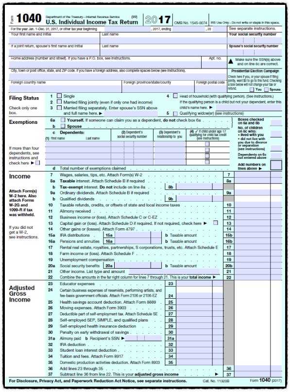 2018년 개인소득세 보고 - 확정 Form 1040
