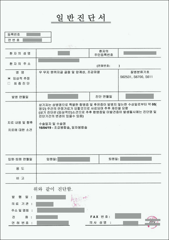  손가락골절 후유장해 보험금 보상 알아보기 : 광주손해사정 가이드 장한서 손해사정사